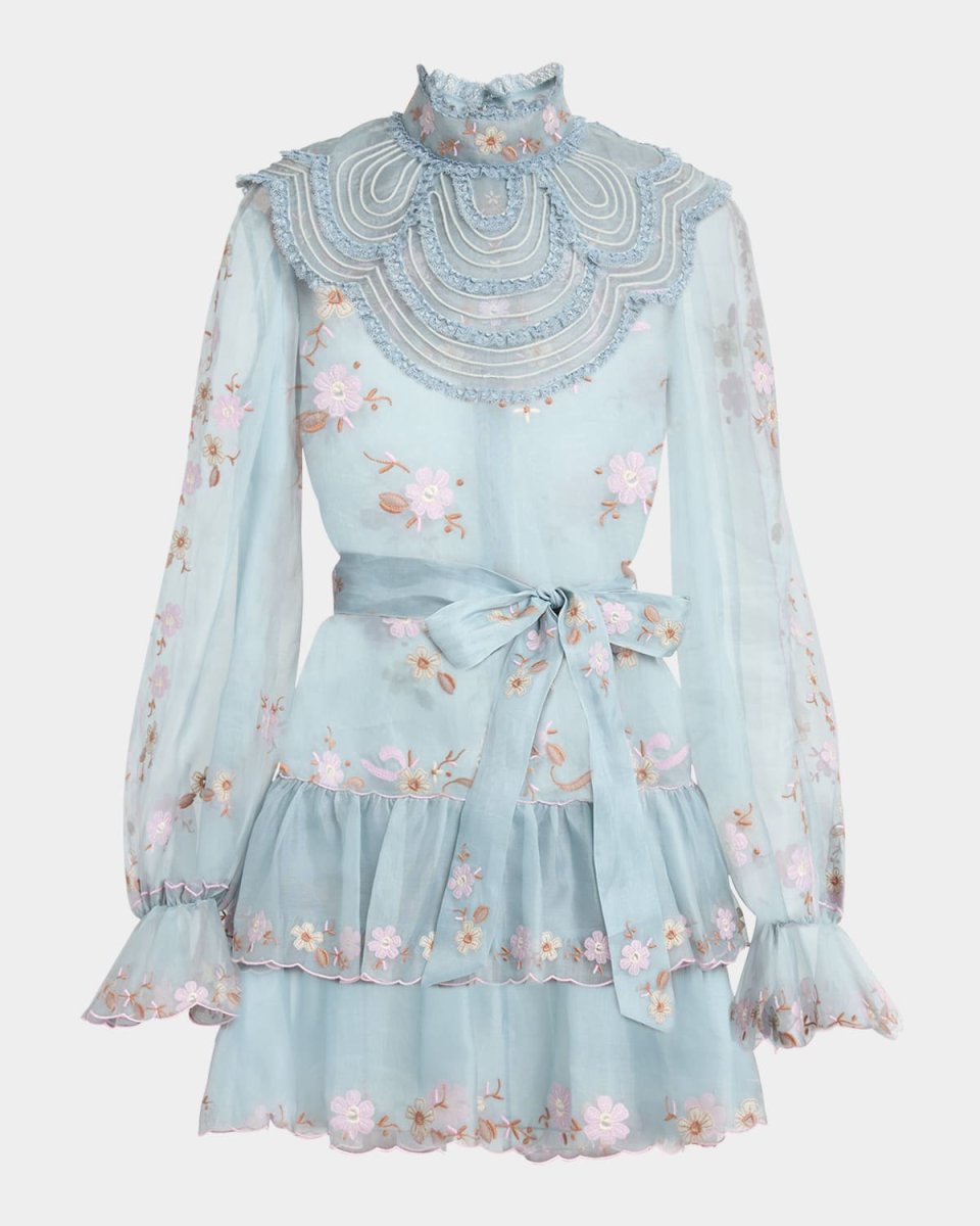 Embroidered Bib Long-Sleeve Ruffle Mini Dress